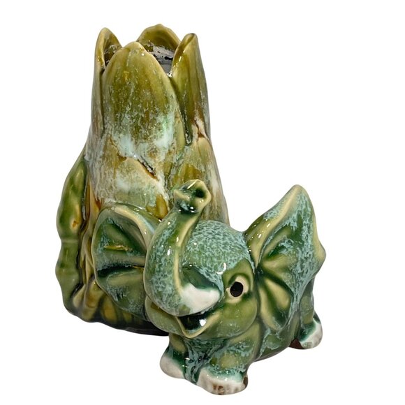 Vintage Elephant & Lotus Planter/Holder Hand-Glazed Ceramic Green & Brown - Picture 2 of 11
